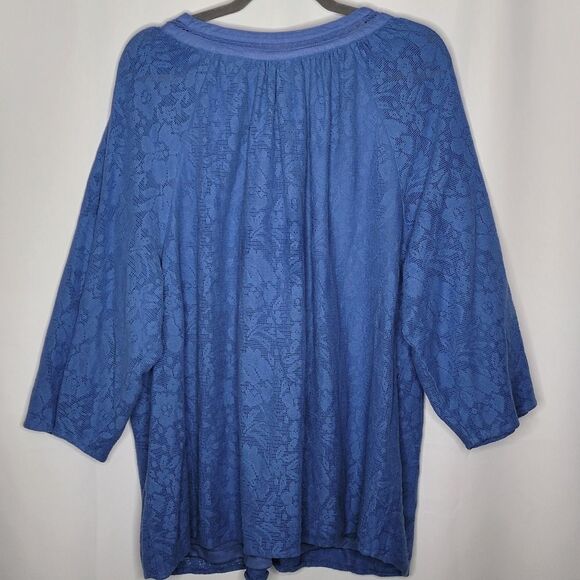 Catherine's 1X Top Blouse Blue Lace Overlay 3/4 Sleeve V-Neck Boho Classy Modest - Picture 10 of 14